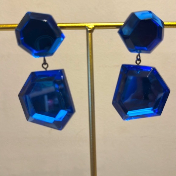 Vintage Dalessio Design Chicago Blue Plastic Crystal Dangle Earrings Clip on 80s - Picture 3 of 9